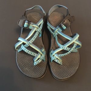 Blue and green Chacos size 7