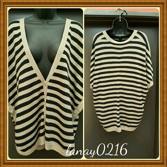 Bar III Black Tan Striped Poncho Sweater M/L EUC