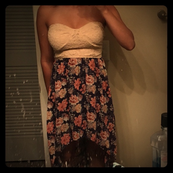 Strapless Hi-Low Cream and Flower print Dress