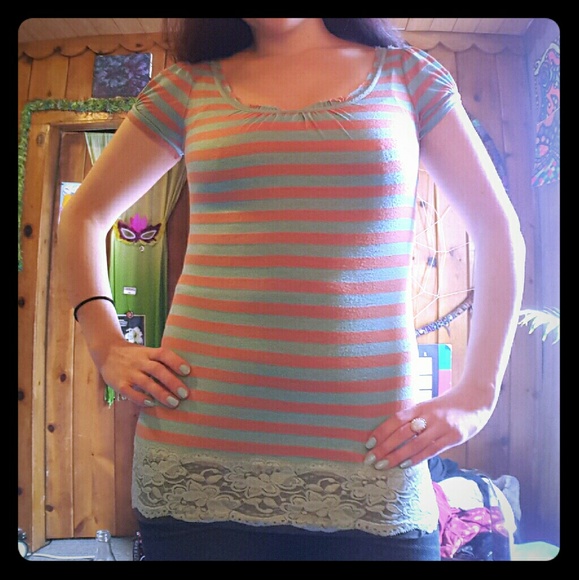 Orange and blue striped tshirt w/ lace trim