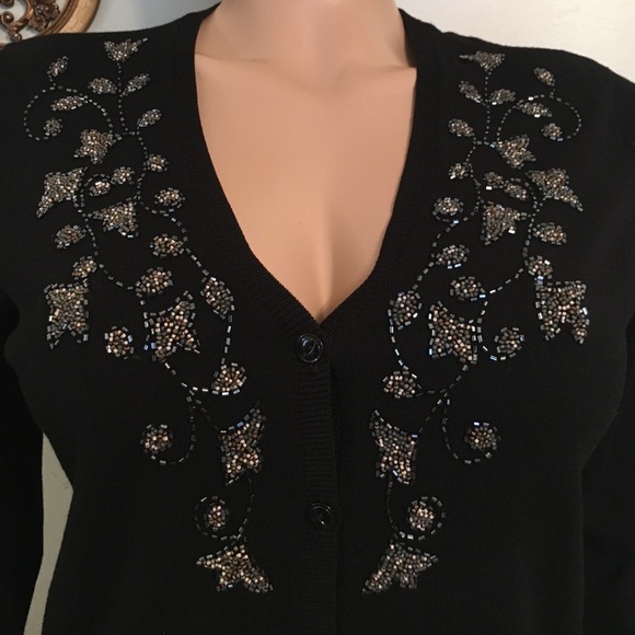 Jones New York multi beaded V-neck cardigan BLK M - Picture 2 of 4