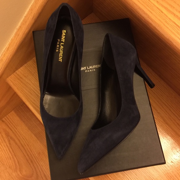 NEW YSL Saint Laurent Suede Pointed-Toe Pumps Navy - Picture 2 of 4