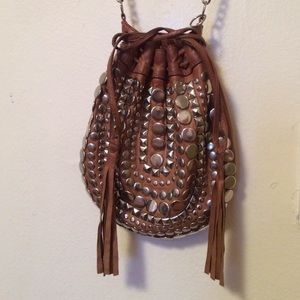 Boho Studded Tan Leather cross body bag.