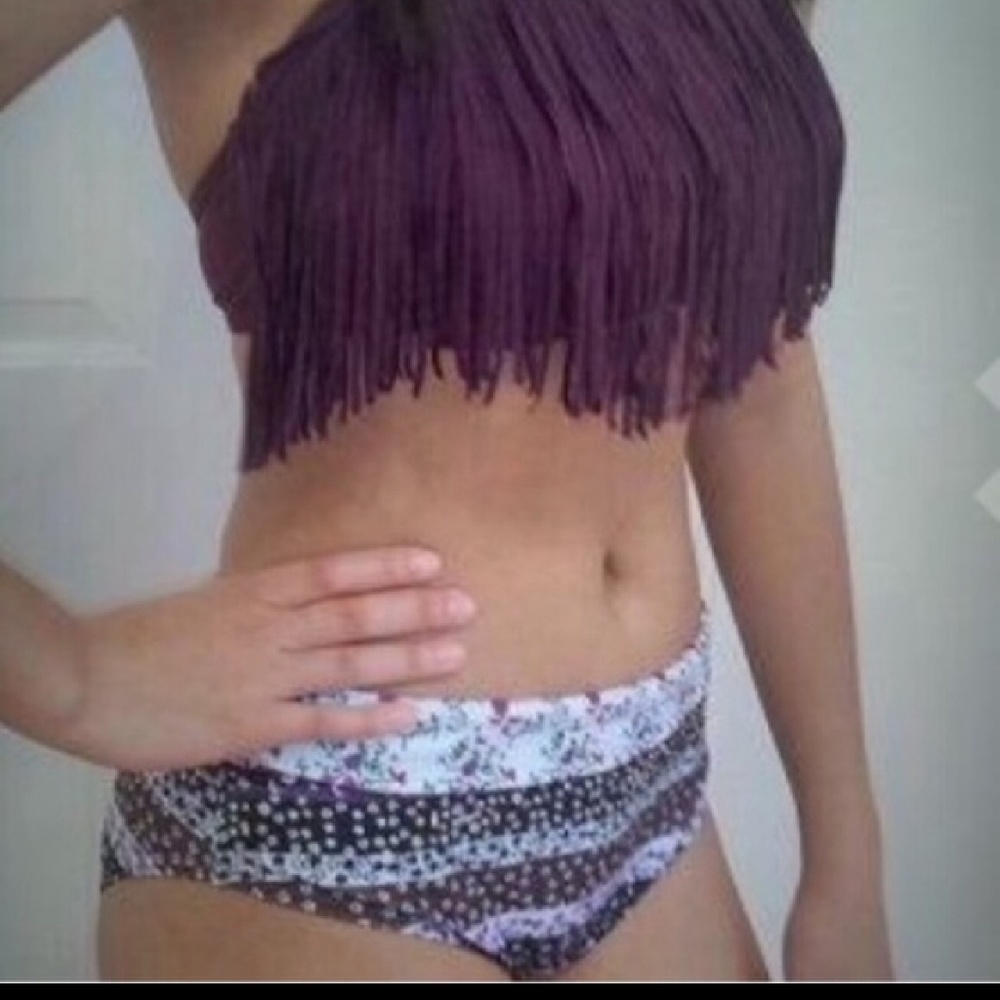 Two piece floral and tassel bathing suit