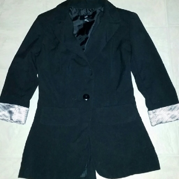 XS Black Blazer with Black and White Striped Cuffs - Picture 2 of 4