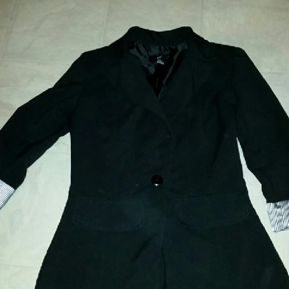 XS Black Blazer with Black and White Striped Cuffs - Picture 3 of 4