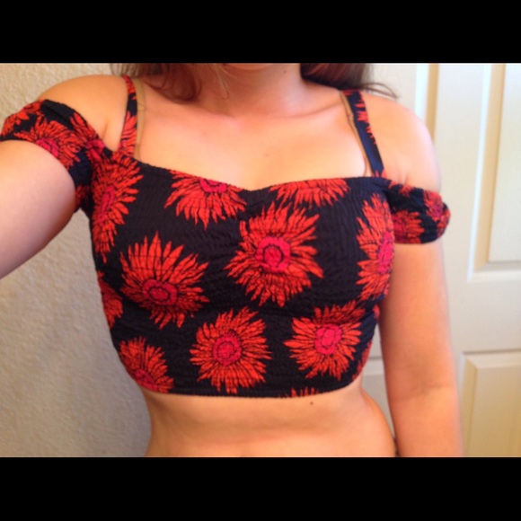 Orange Floral Print Off the Shoulder Crop Top - Picture 1 of 1