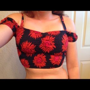 Orange Floral Print Off the Shoulder Crop Top