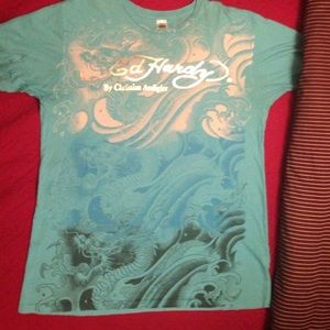 Men's large Ed Hardy 3 dragon blue shirt like-new!