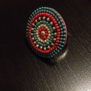 Turquoise and orange glass bead ring