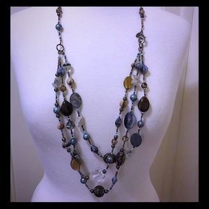 Brown and blue multi-strand beaded necklace