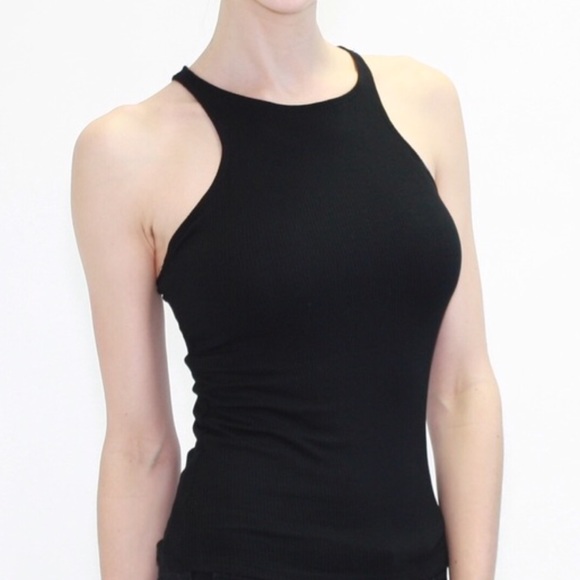 Black ribbed high scoop tank top