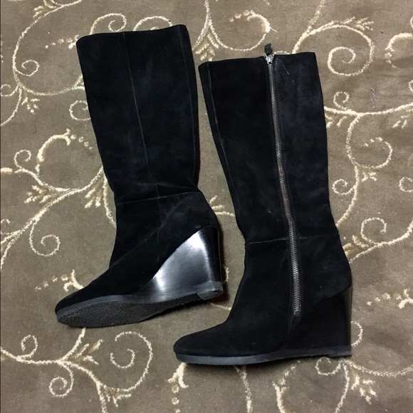 Franco Sarto black suede knee high wedge boots