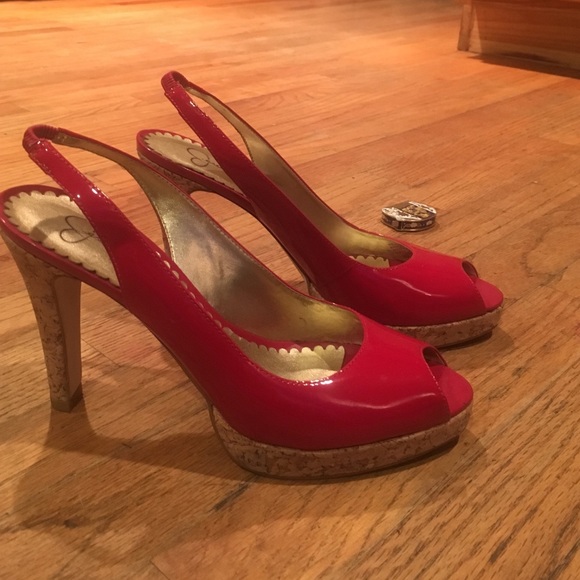 Red patent and cork peep toe pumps