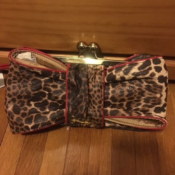 Jessica Simpson leopard print clutch w/red pipping
