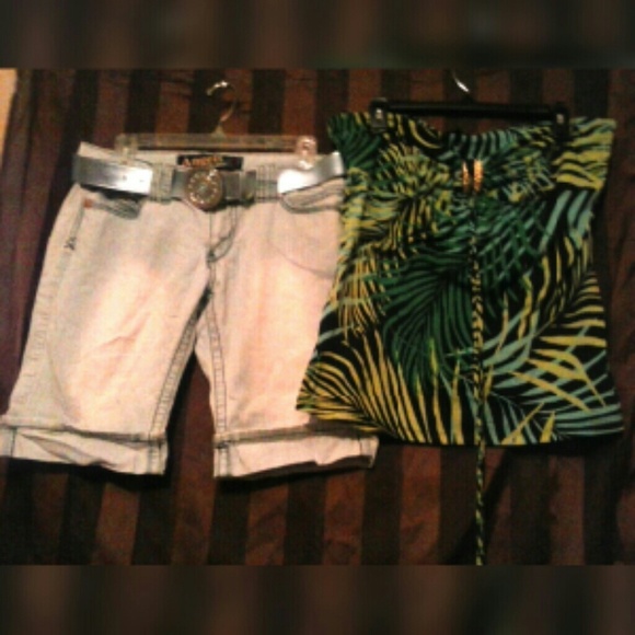 Green & Black Floral Halter Top/Denim Shorts 11