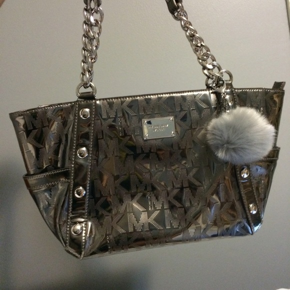 Grey gray Pom Pom key chain fur ball purse clip on
