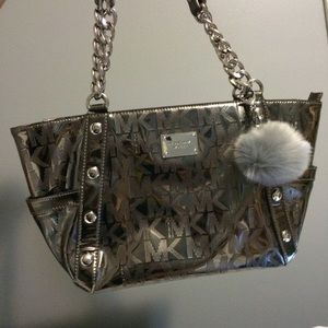 Grey gray Pom Pom key chain fur ball purse clip on