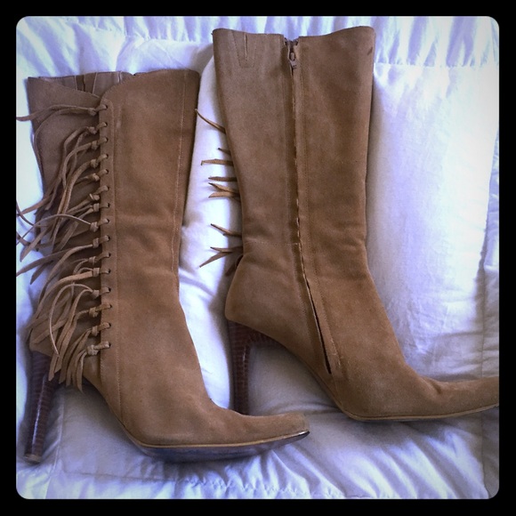 Mia wood high heel fringe boots