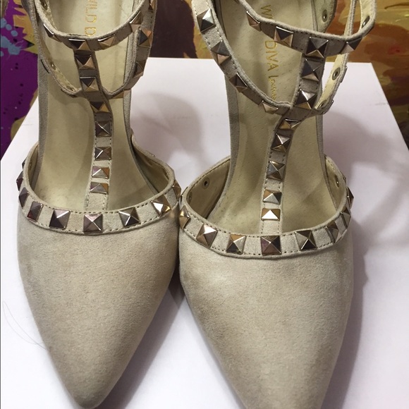 Natural Suede Stone studded pointed heels.