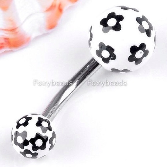 Silver black flower stainless Steele belly ring