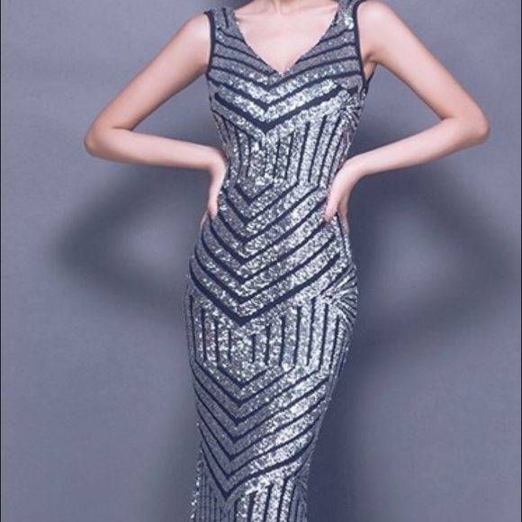 Prom sequin silver and black evening dress