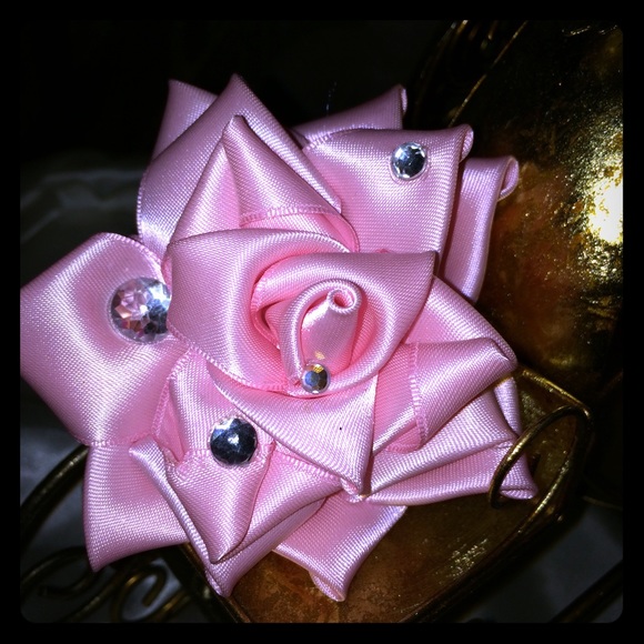 Pink satin rose hair clip w/ jewels