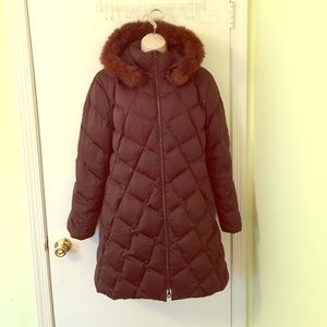 Searle down puff coat jacket knee length brown