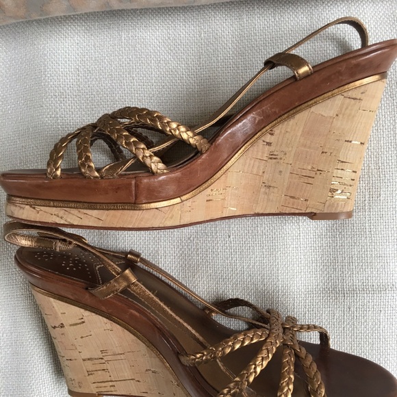COLE HAAN Gold Braided Leather w Cork Wedge 7.5