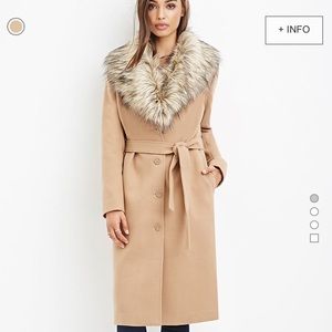 Faux-fur trimmed long duster camel trench coat