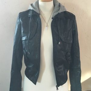 Black Leather Bomber Jacket with Hood