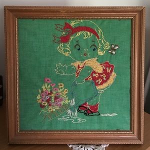 50-60s embroidered picture vintage framed