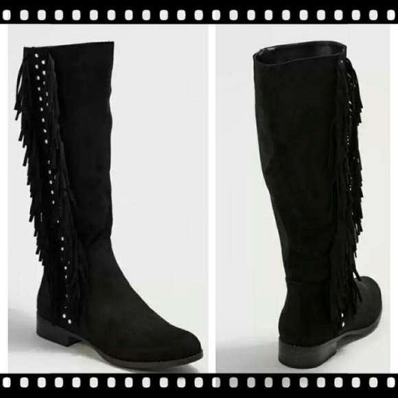 ๐โQUPID โBLACK KNEE HIGH FRINGED STUDDED BOOTS - Picture 2 of 5