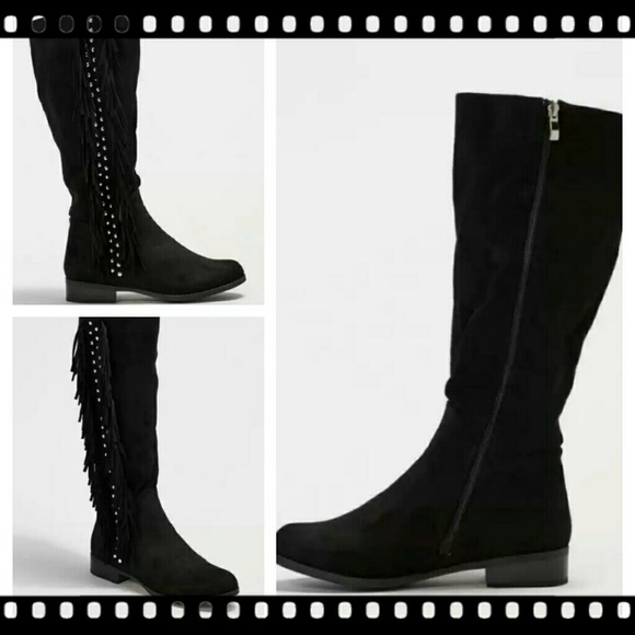 ๐โQUPID โBLACK KNEE HIGH FRINGED STUDDED BOOTS - Picture 4 of 5