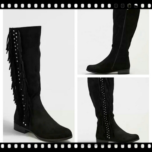 ๐โQUPID โBLACK KNEE HIGH FRINGED STUDDED BOOTS - Picture 5 of 5