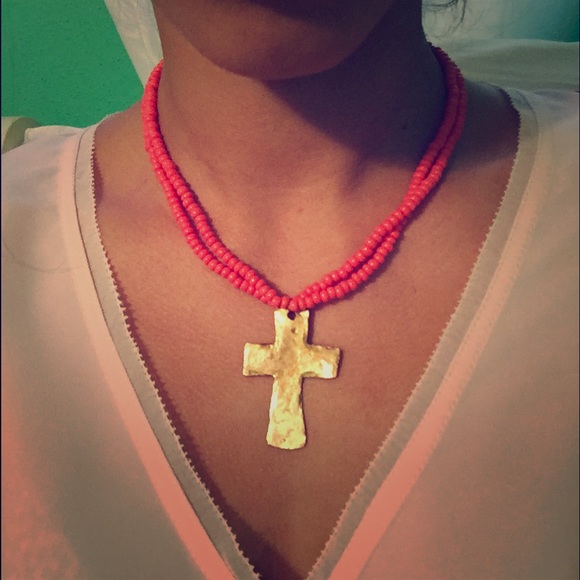 Coral bead necklace with gold cross