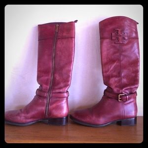 Dark red leather Tory Burch boots.