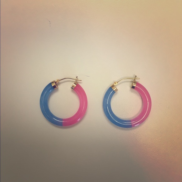 Unique Blue & Pink Jade Hoop Earrings w/ 14k Gold