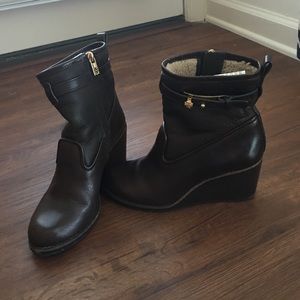Tory Burch Brown Leather Shearling Wedge Booties