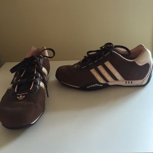 Brown and pink suede Adidas sneakers