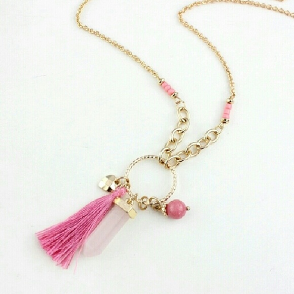Rose Quartz and Tassel  Long Necklace - Picture 2 of 4