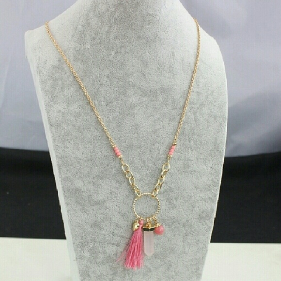 Rose Quartz and Tassel  Long Necklace - Picture 3 of 4