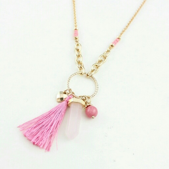 Rose Quartz and Tassel  Long Necklace - Picture 4 of 4