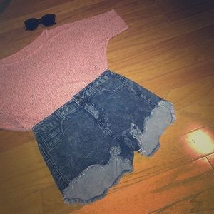 Dark Wash Distressed High Waisted Jean Shorts