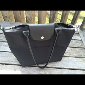 Long champs black/leather flap small tote👜