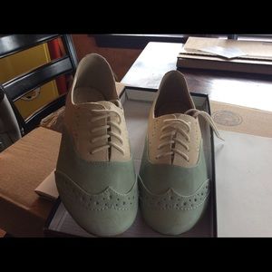 Restricted Sweet Pea saddle oxfords, mint/ivory