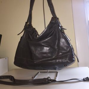 Gray leather handbag