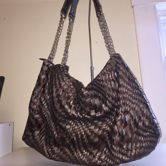 Metallic woven leather handbag