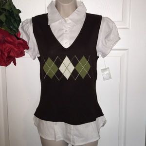 👚White & Brown Sweater Vest Blouse👚