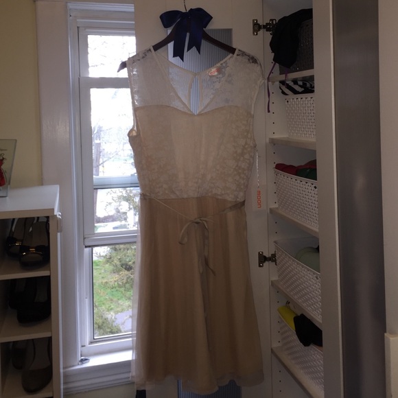 White lace & beige flowy dress